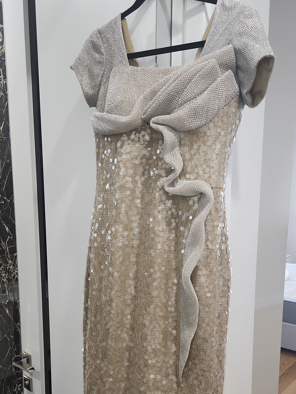 MNM Couture Champagne Sequin Evening Gown with Metallic Knit Detail